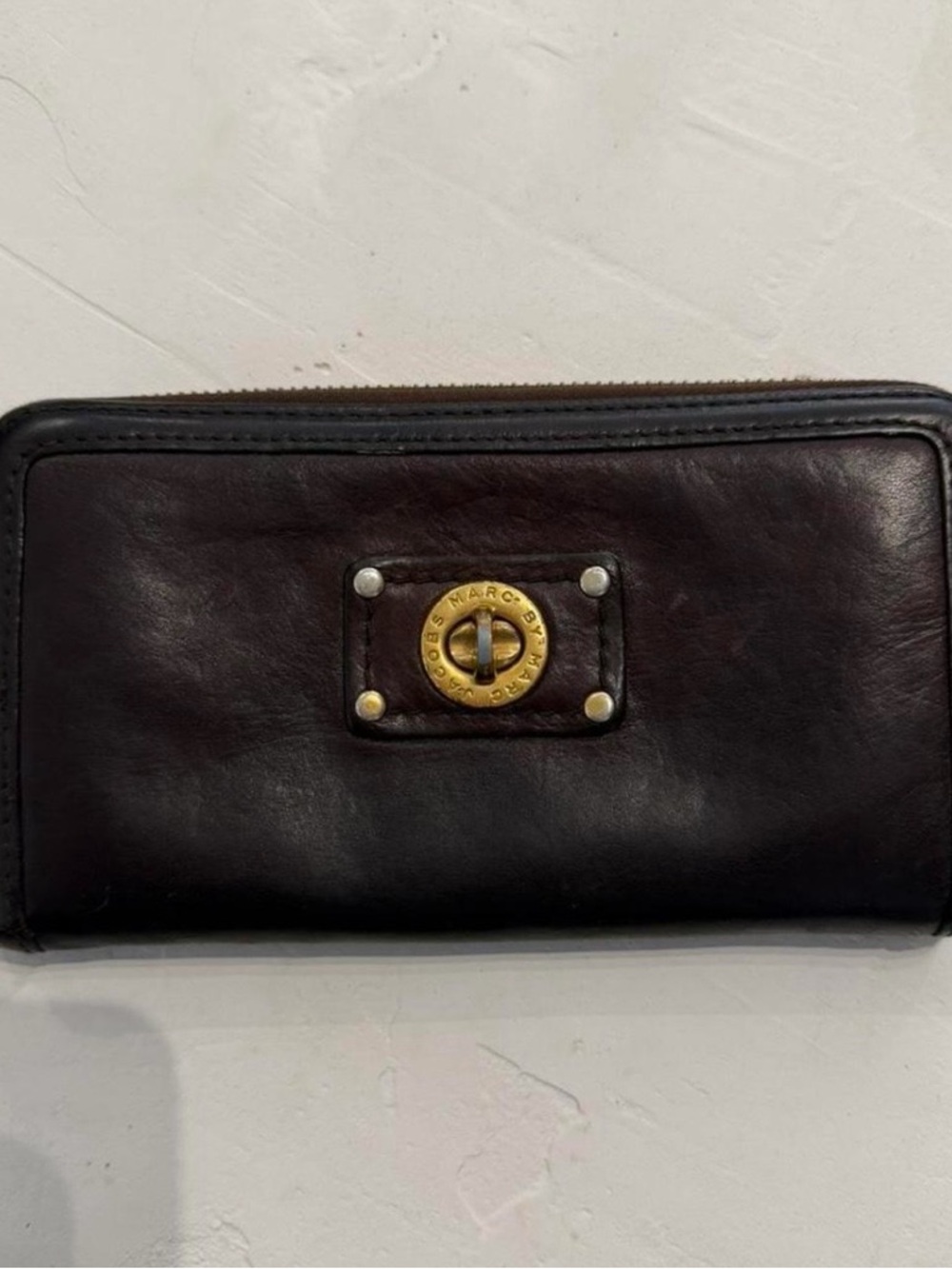 Marc by Marc Jacobs Dark Brown Leather Zip-Around Wallet with Gold Hardware